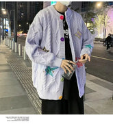 Vintage Knitting Sweater Purple Cardigan Jacket Long Sleeve Black Fashion Round Neck Coat Knitted Cardigan Sweater for man Winte voguable