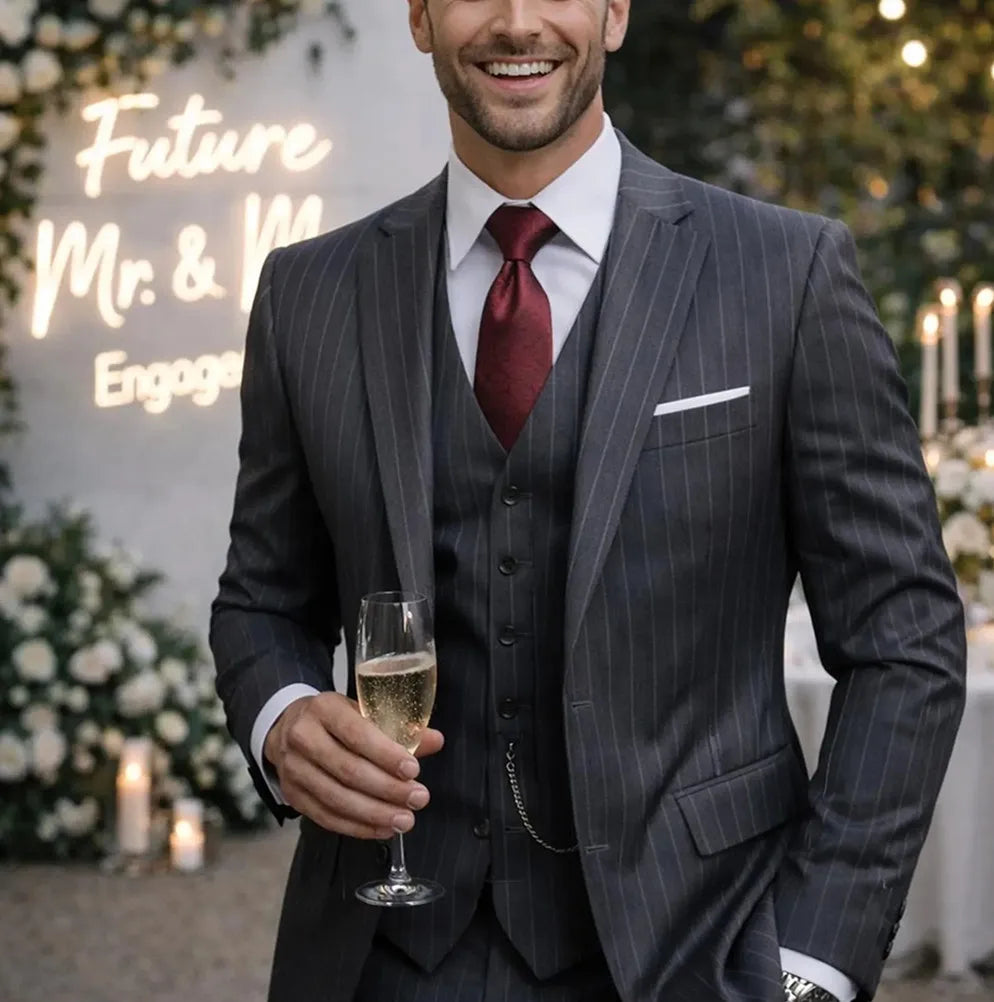 Voguable Elegant 3 Piece Wedding Party Wear Grooms Suit Engagement Men's Suits Striped Grey Suit (Jacket+Vest+Pants) voguable