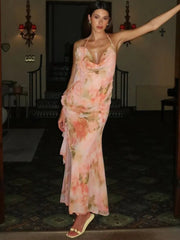 Halter Print Ruffle Sexy Maxi Dress Women Gown Summer New Fashion Sleeveless Backless Ruched Beach Club Party Dress voguable