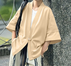 Men Shirt Solid Color V Neck Half Sleeve Casual Cardigan Men 2025 Oversize Pleated Fashion Male Tops Shirts Streetwear voguable