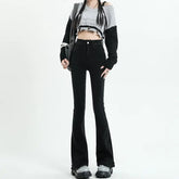 Voguable Korean Fashion Autumn Winter Flare Jeans Women Black Pockets Zipper High Waist Elastic Streetwear Casual Slim Straight Trousers voguable