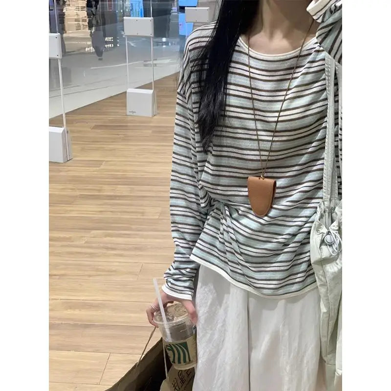 Summer Autumn Sun Protection Long Sleeve Women's Korean Style Color-blocking Striped Ice Silk Loose Top Simple Casual T-Shirt voguable