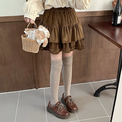 Voguable 90s Winter Ruffle Brown Kawaii Lolita Pleated Skirt Women Fairy Y2k Mini Skirt Female Korean Fashion Cute Mini Cake Casual Skirt voguable