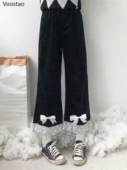 Japanese Lolita Women's Kawaii High Waist Corduroy Pants Sweet Bow Lace Wide Leg Pants Girly Harajuku Chic Loose Cute Trousers voguable