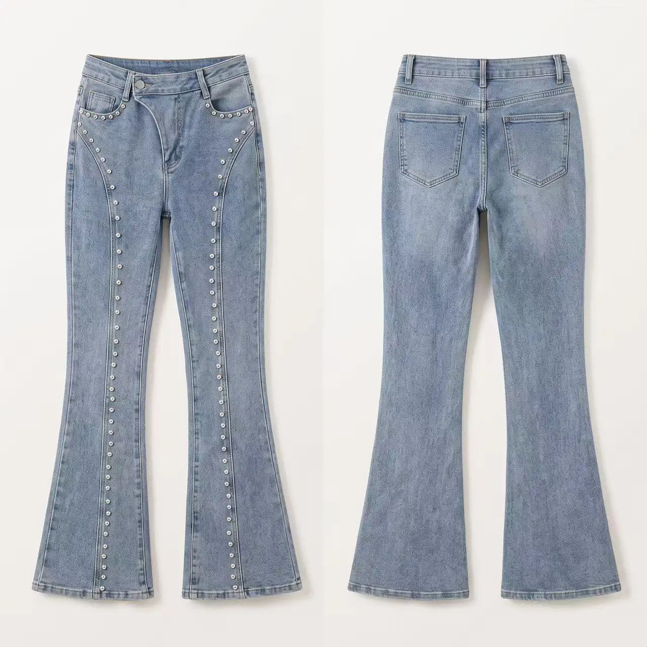 Voguable Y2K Punk Women Flare Jeans High Waist Light Blue Washed Denim Pants Metal Stud Decoration Fashion Boot Cut Denim Trousers voguable