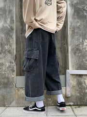 Baggy Jeans Men's Oversize Streetwear Fashion Wide Leg Cargo Pants Hip Hop Harajuku Multi-Pocket Denim Trousers Black Blue voguable