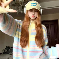 Striped Knit Splice Zipper Stand-UP Collar Sweater Autumn Winter Oversized Pullover Knitwear Women Soft Sweet Simple Cardigan voguable