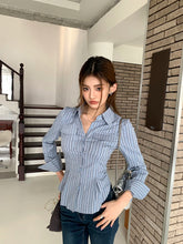 Voguable Blue Striped Slim Waist Sexy Women's Shirts Spell Color Casual Fashion Office Ladies Casual Single Breasted Female Shirt voguable