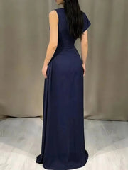 Voguable Elegant High Waist Pleated Maxi Dress for Women Sleeveless Straight Satin LongCrew Neck Party Gown Solid Color Spring Summer voguable