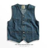 American Leisure Denim Vest Men Trendy Retro Old Striped Horse Clip American High-end Multi-pocket V-neck Layered Work Vest Men voguable