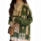 Voguable Vintage Floral Knitted Cardigan Women Lazy Wind Sweet Plaid Fall Winter Sweaters Loose Casual Warm Peter Pan Collar Female Tops voguable