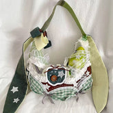 Harajuku Y2k Aesthetic Ins Underarm Bag Women Contrast Color Plaid Rabbit Ear Canvas Bag Grunge Patchwork Lace Shoulder Handbags voguable