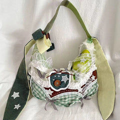 Harajuku Y2k Aesthetic Ins Underarm Bag Women Contrast Color Plaid Rabbit Ear Canvas Bag Grunge Patchwork Lace Shoulder Handbags voguable