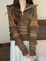 Voguable Vintage Tassel Striped Knitted Sweater Women Harajuku Casual Loose Jumper Korean Retro Long Sleeve Zipper All Match Tops voguable