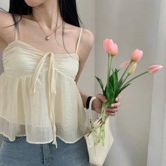 Voguable Korean Style Sweet Fluffy Camis A-line Lace-up Double Layers Crop Top Y2K Aesthetic Tank Tops Holiday Cute Vest Women voguable