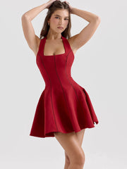 Halter Backless A-line Sexy Mini Dress For Women Robe Fashion Square Collar Sleeveless High Waist Pleated Dress Elegant voguable