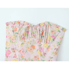 Women Floral Print Sexy Elegant Strapless Dress Front Slit A-line Midi Cotton Summer Dresses Party Robe