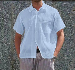 Men Shirt Solid Color Lapel Short Sleeve Summer Pleated Men Clothing Streetwear 2025 Pockets Fashion Male Shirts Tops voguable