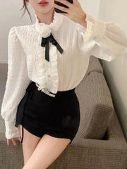 3D Floral Bow Shirt Women Elegant Long Sleeve Retro Korean White Blouse Casual Design Female Vintage Sweet Tops Spring New voguable