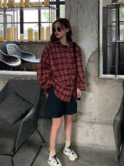 Voguable Vintage Women Plaid Shirt Summer Long Sleeve Oversize Harajuku Bf Student Tops Loose Couple Button Up Shirts voguable