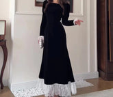 Voguable Elegant temperament long sleeved gold velvet dress for autumn and winter new black patchwork lace long skirt women's wear voguable
