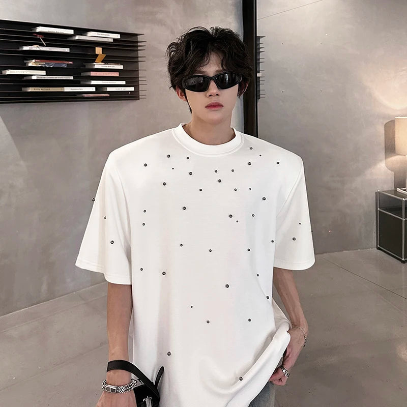 Metal Pearl Embellished Men Round Neck Cotton Tshirt man Breathable Comfort Casual 2024 Trendy Tee Top Fashion Loose Fit Plain voguable