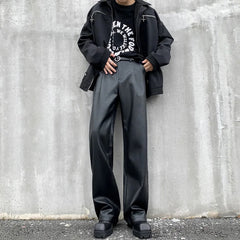 Black Leather Pants Men Fashion Casual Straight Pants Men Streetwear Korean Loose Wide Leg Pants Mens Motorcycle Trousers S-2XL voguable