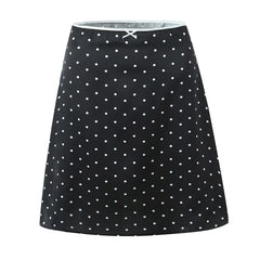 Women Vintage Black White Polka Dot A-line Knee Length Skirt Sexy Low Waist Holiday Summer Skirts