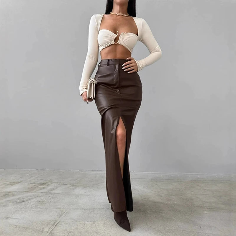 Sexy Slit Pu Leather Skirts Women High Waist Streetwear Slim Female Midi Skirts Y2K Korean Elegant Party Night Lady A Line Skirt voguable