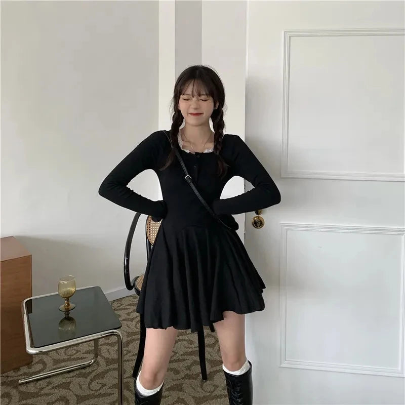 Black Lace Patchwork Dress Women Korean Chic Square Collar Long Sleeve Mini Dress Fall Fashion Preppy All-Match Bottoming Dress voguable