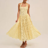 Voguable Elegant Solid Color Hollow Out Pleat Dress Summer New Lace Halter Big Hem Maxi Dress Sexy Backless Sleeveless Slim Banquet Dress voguable