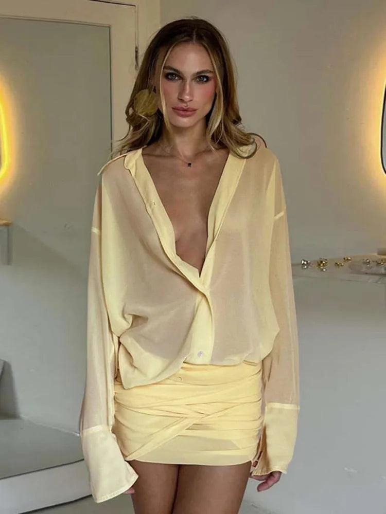 Mozision Sexy Long Sleeve Turn-down Colla Bag Hip Strap Shirt Dress For Women See Through Patchwork High Waist Dress Streetwear voguable