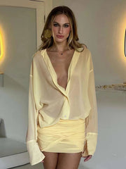 Mozision Sexy Long Sleeve Turn-down Colla Bag Hip Strap Shirt Dress For Women See Through Patchwork High Waist Dress Streetwear voguable