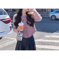 Purple Camellia Knitted Cardigan Women Korean Wear Chic and Beautiful Short Tops and Jackets in Early Autumn voguable