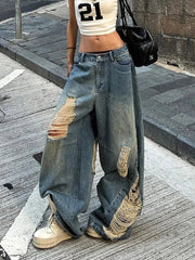 Women Hole Y2K Jeans Streetwear Sexy Low Waist Retro American Denim Pants Loose Pockets Vintage Bf Wide Leg Trousers Fall voguable