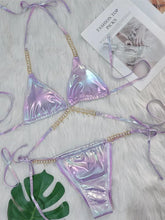 Voguable Sexy Pink Brozing Bikini Set 2024 Women Luxury Rhinestone Criss Cross Bandage Micro Swimsuit Bathing Suit Diamond Thong Swimwear voguable