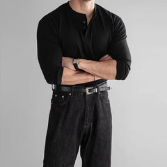 New American Fashion Men Henry Collar T-shirt Light Luxury Solid Color Long Sleeve Tops Leisure Light Business Basic Shirt M-3XL voguable