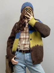 Voguable Harajuku Vintage Cardigan Women Patchwork Korean Knitted Sweater Tops Lazy Wind Loose Casual Long Sleeve Cardigan Coat New voguable