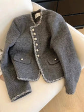 Gray Faux Woolen Coat Women Elegant Slim Vintage Long Sleeve Coat Casual O Neck Korean Retro Female Fall Winter Tops New voguable