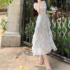 Voguable Summer French Style Floral Printed Dress Slim Casual Long Chiffon Dress Short Sleeve Women Vacation Fairy Dress voguable