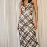 Vintage Plaid Print V Neck Midi Dress Women Summer Sexy Backless Spaghetti Straps Dress Y2K Club Party Slim All Match Vestidos voguable