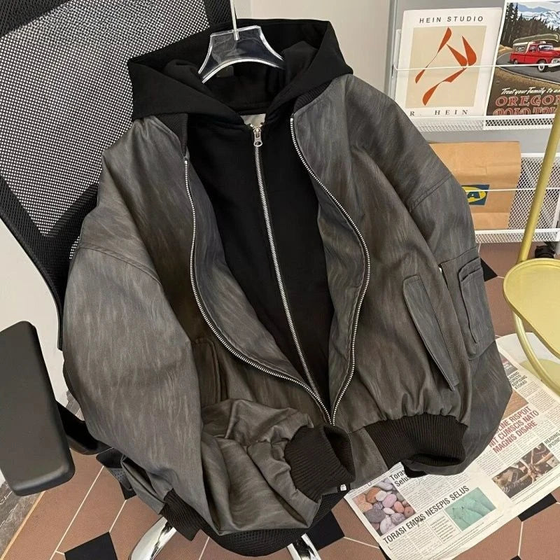 American Double Zipper Jacket Men's Hip Hop Simple Varsity Jacket Loose Fake Two Piece Hooded Outdated PU Leather Coat voguable