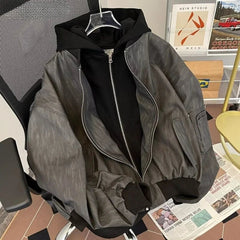 American Double Zipper Jacket Men's Hip Hop Simple Varsity Jacket Loose Fake Two Piece Hooded Outdated PU Leather Coat voguable