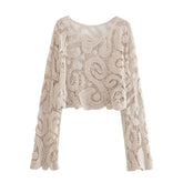 Voguable Women Crochet Knit Blouse Vintage Long Sleeve O Neck Female Casual Loose Summer Crop Top voguable