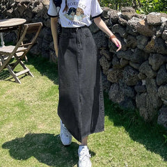 Vintage High Waist Women Denim Midi Skirt Summer Korean Thin Section Slit A Line Skirts Fashion Casual All Match Denim Skirts voguable