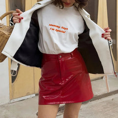 Voguable Women Y2k Red Bright Faux Pu High Waist Button Mini Skirts Elegant Fashion Slim Fit Party Evening All-match Skirts voguable