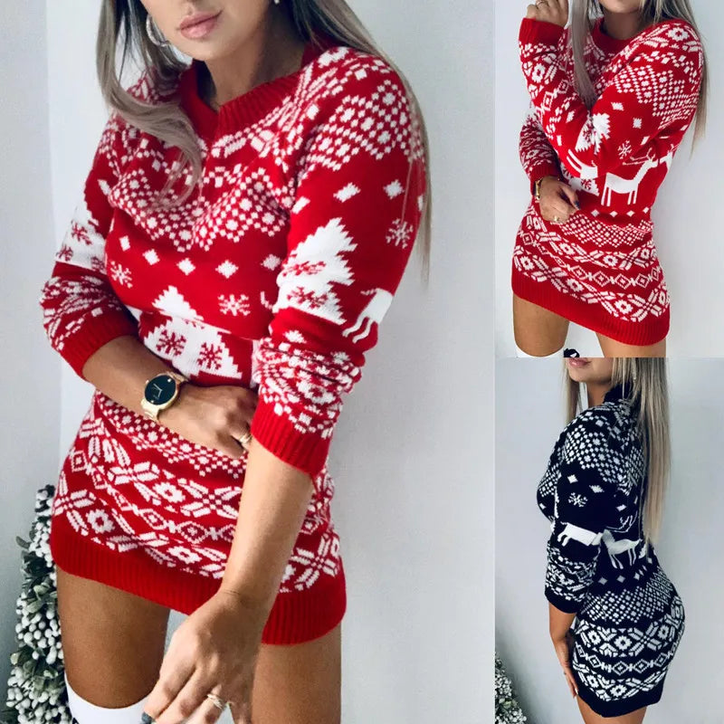 Sweater Women Christmas Deer Knitted Long Sleeve Round Neck Ladies Jumper Fashion Casual Winter Autumn Pullover ClothesPlus Size New Year voguable