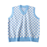 Checkered Sweater Vest Women Blue and White Checkerboard Sleeveless Knit Top Teen-girl Y2K Preppy Style Outfit voguable