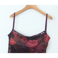 Sexy Women Vintage Floral Print Mesh Sling Long Dress Side Ruching Back Hem Slit Female Summer Dresses Bodycon Robe