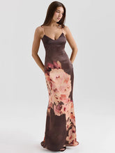 Satin Floral Print Sexy Maxi Dress Women Gown Elegant Spaghetti Strap Sleeveless Backless Bodycon Evening Club Dress voguable